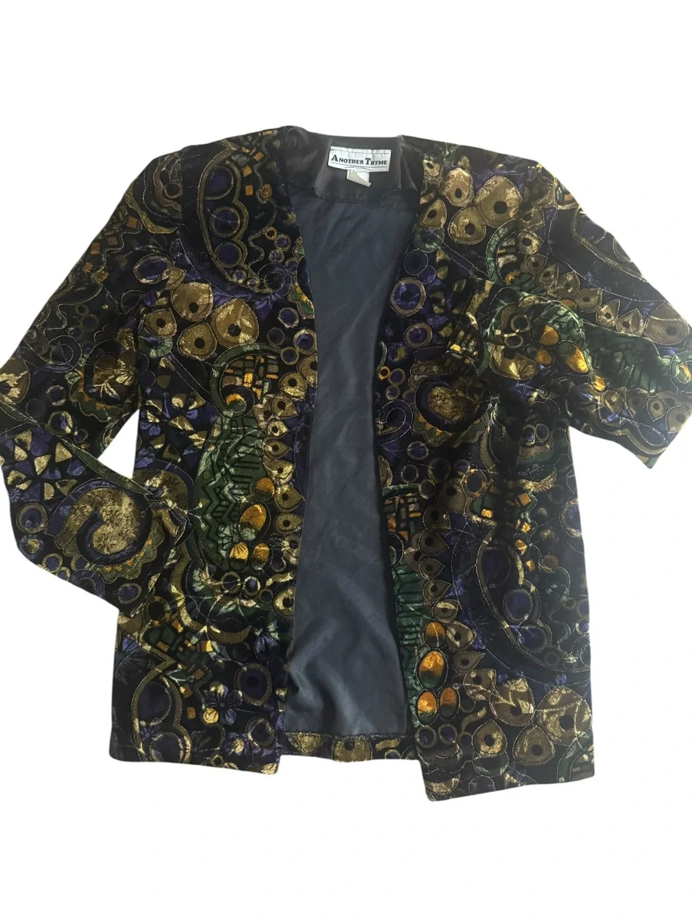 Vintage Velvet Burnout Open Front Jacket Metallic Abstract Art Blazer Small USA